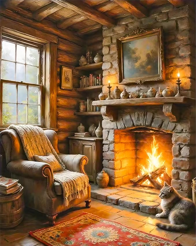 Okarina Paint by Numbers Kit for Adults Beginner Fireplace, Adult Paint by Number Kits on Canvas, Log Cabin DIY Acrylic Oil Painting by Numbers for Adults, Perfect for Home Wall Decor 16X20 Inch