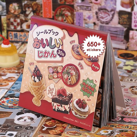 Japanese Sticker Book - Kawaii Food Theme - 30 Sheets Decorative Vinyl Decals for Journals, Planners & Accessories, Assorted Sushi Donuts Fruits Designs (Red)