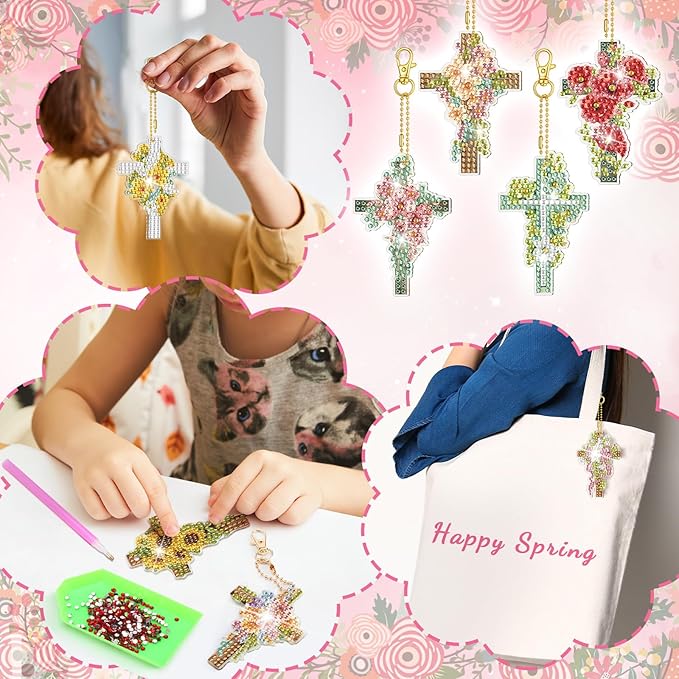 Huquary 30 Pcs Easter Diamond Art Keychains Cross Flower Diamond Painting Keychain Kits for Aldults Double Sided 5d Rhinestones Christian Hanging Key Chains for Beginners DIY Crafts Spring Party Gift