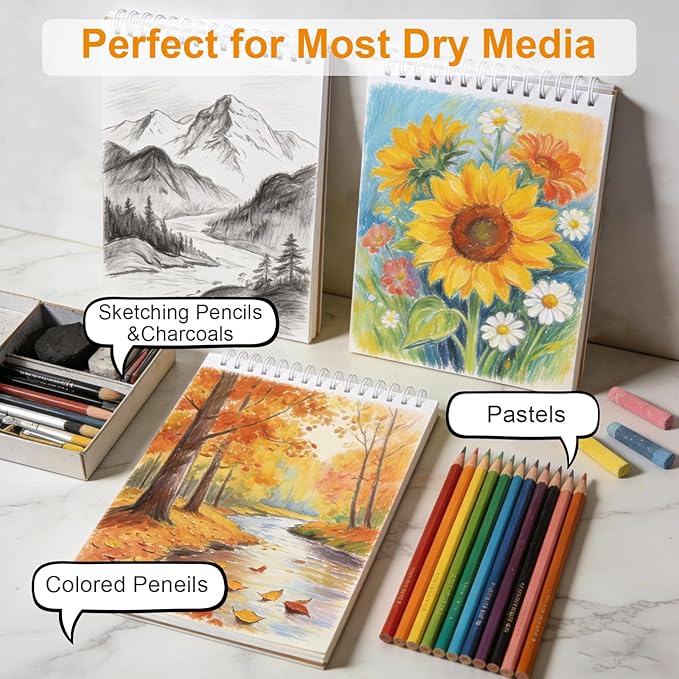 CSH 6 Pack Artist Sketch Book, 30 Sheets, 9x12 Inches, Brown Cover, for Pencil Crayon Charcoal Chalk Gouache, Spiral Bound Drawing Pad