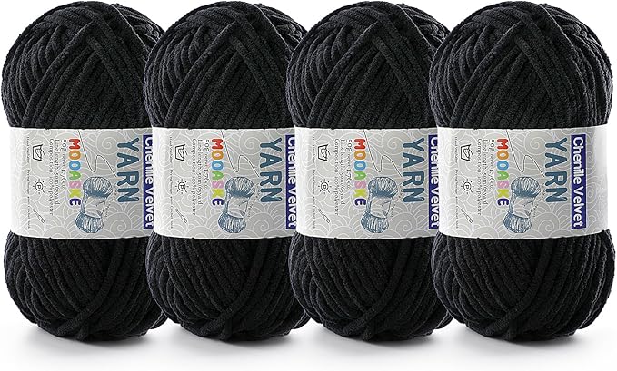 4 Pac Chenille Yarn for Crocheting - Blanket Yarn for Crocheting - Fluffy Yarn for Crochet, Baby Yarn for Crocheting Soft Blankets Weight Per Roll 50g/1.76oz, Length 60m/65yard (Black)