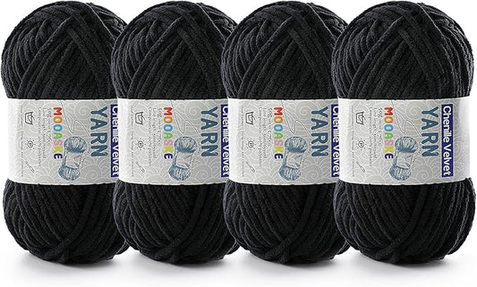 4 Pac Chenille Yarn for Crocheting - Blanket Yarn for Crocheting - Fluffy Yarn for Crochet, Baby Yarn for Crocheting Soft Blankets Weight Per Roll 50g/1.76oz, Length 60m/65yard (Black)