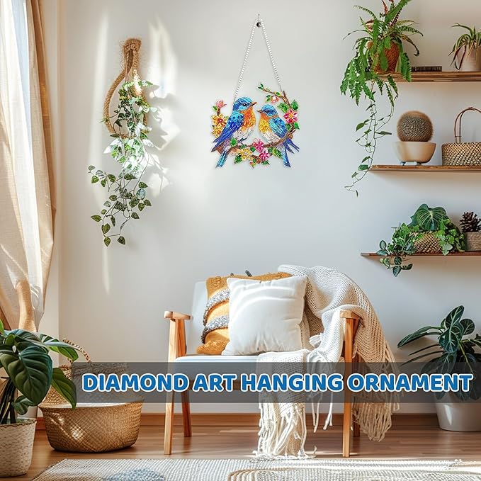 MEIYUDA Bird Diamond Art Hanging Kits for Adult, Glass Flowers Bird Diamond Painting Hanging Kits Ornaments, DIY Special Shaped Rhinestone Window Pendants kit for Home Garden Wall Decor Gift