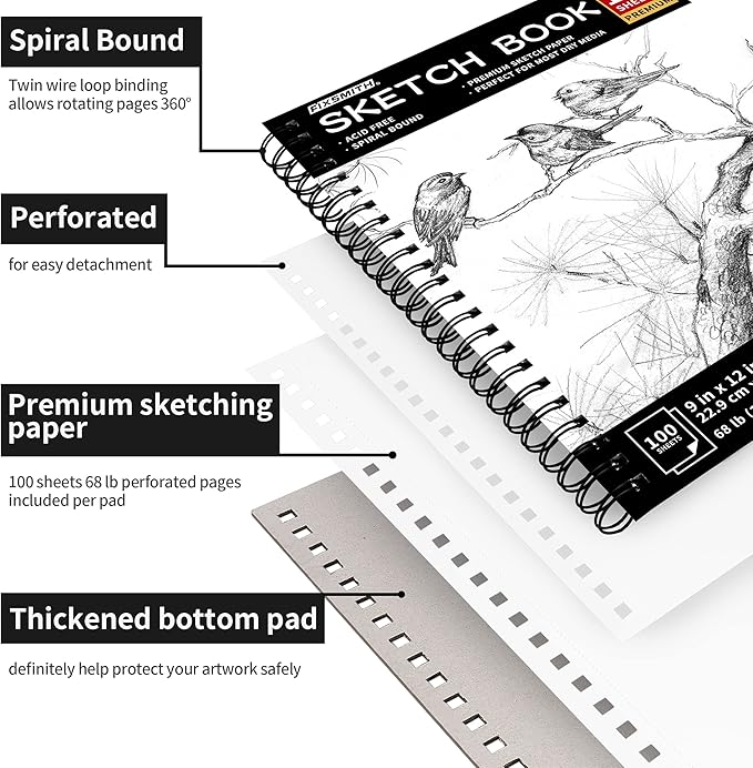 fixsmith 9"x12" sketch book | 400 sheets (68 lb/100gsm) sketchbook| 4 pack (100 sheets each) |acid free drawing paper | spiral bound sketchpad for beginners,artists & professionals | bright white