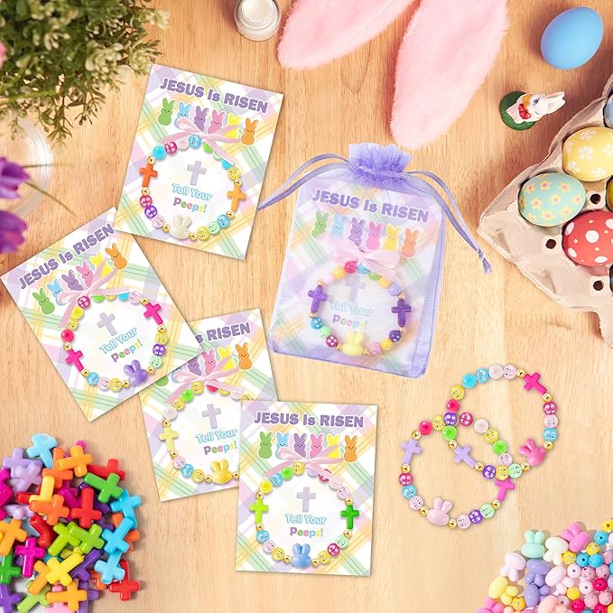 BeYumi Easter Bracelet Craft Kit - 24Pcs Pack Easter Christian Bunny Cross Beads Bracelets with Jesus Is Risen Gift Cards DIY Religious Faith Peeps Craft Kit Party School Classroom Fun Activities Kids