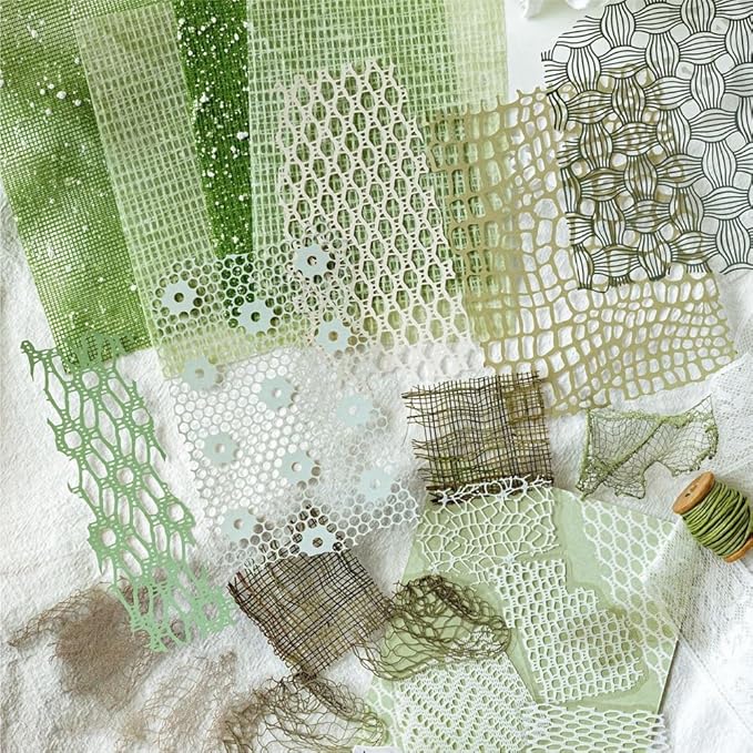 Diuhofart Scrapbook Textured Papers for Crafts, Green Theme Hollow Mesh Craft Paper Sticker, 47Pcs Collage Materials for Junk Journaling Supplies Scrapbooking