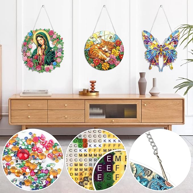 Zariocy Hanging Diamond Art Ornament Cat Kits for Adults – Special Crystal Double Sided Pendant, DIY Animal Diamond Painting Acrylic Board Window Pendants Home Garden Wall Hanging Decor 8x8 inch