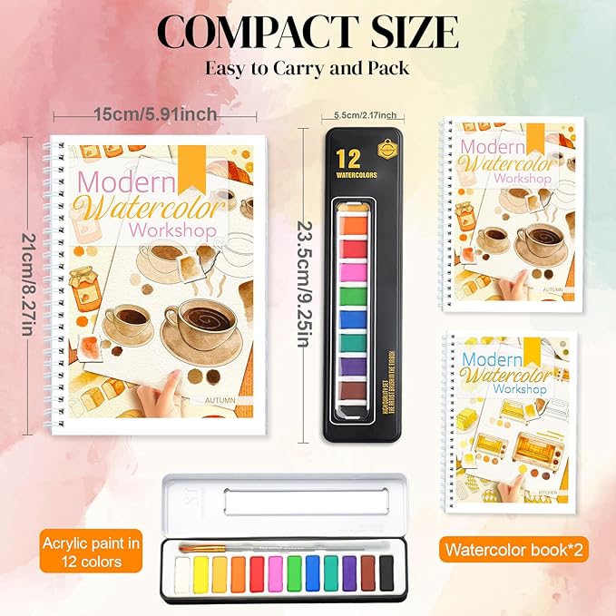 APOLYONE 2-Pack Beginner Watercolor Workbooks: 24 Coloring Pages + 12 Watercolor Paints + Brush – 300gsm/140lb Paper – Gift for Women, Adults & Beginners (Autumn & Kitchen)