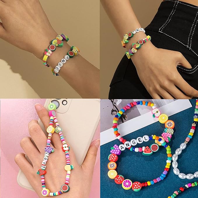 200PCS Colorful Fruit Polymer Clay Beads Kit - 10mm Mixed Fruit Spacer Beads for Jewelry Making DIY Bracelet Necklace