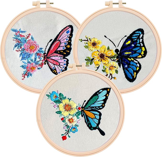 Butterfly Embroidery Kit for Beginners – DIY Embroidery Set with 3 Hoops, Colorful Stamped Patterns, Needles, Thread, Scissors – Hand Embroidery Kit for Adults, Teens, Women – Easy Cross Stitch Craft