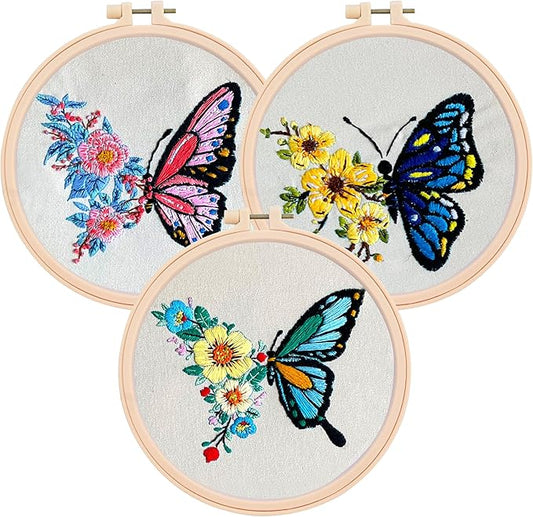 Butterfly Embroidery Kit for Beginners – DIY Embroidery Set with 3 Hoops, Colorful Stamped Patterns, Needles, Thread, Scissors – Hand Embroidery Kit for Adults, Teens, Women – Easy Cross Stitch Craft