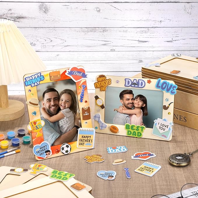 Fovths 12 Packs Father's Day Picture Frame Painting Craft Kit Wooden DIY Photo Frame for 4 x 6 inch Photo with 100 Stickers Rhinestone Stickers 4 Brushes Set for DIY Paint and Decorate