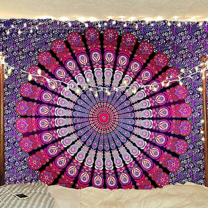 bless international handmade indian hippie bohemian psychedelic peacock mandala wall hanging college dorm beach throws table cloth bedding tapestry (purple pink, queen(84x90inches)(215x230cms))