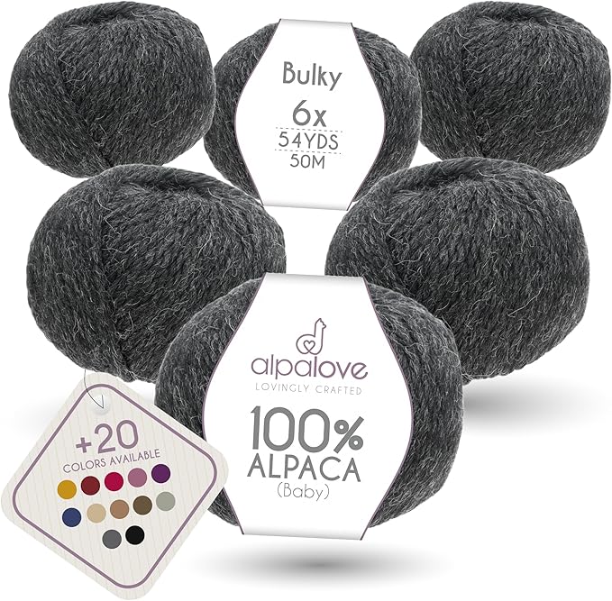 Bulky Set (6 x 1.75 oz) Super Soft Baby Alpaca Knitting Yarn Anthracite 328 Yards