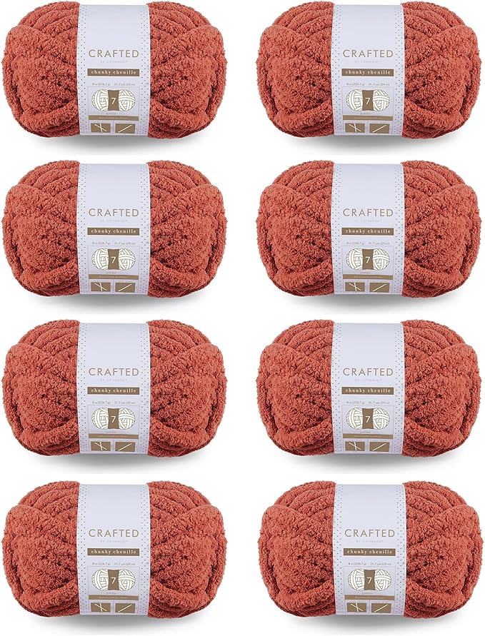 Crafted by Catherine Chunky Chenille Yarn - 8 Pack (8 oz / 227 g, 31.7 Yards Each Skein), Clay, Gauge 7 Jumbo