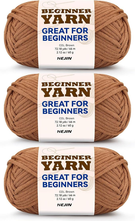 3x60g Brown Yarn for Crocheting and Knitting;3x66m (72yds) Cotton Yarn for Beginners with Easy-to-See Stitches;Worsted-Weight Medium #4;Cotton-Nylon Blend Yarn for Beginners Crochet Kit Making
