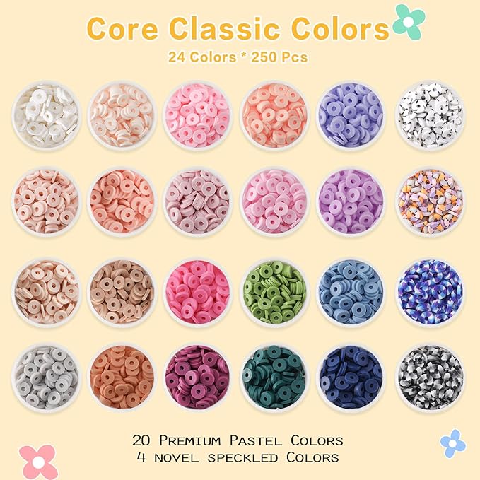 ADIIL 7200 Pcs Clay Beads Friendship Bracelet Making Kit, 24 Colors 6mm Polymer Heishi Beads, Pastel