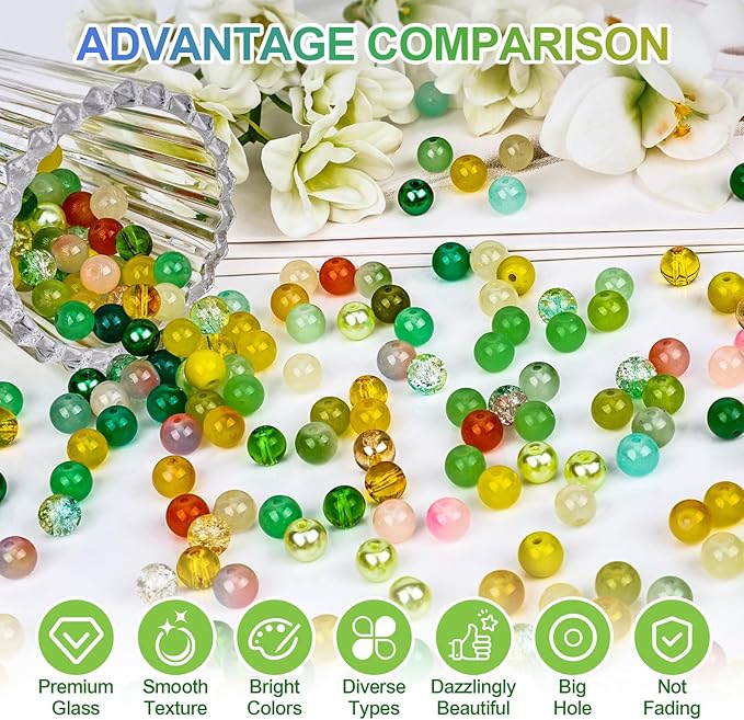 XSEINO About 1200PCS 8mm Glass Beads Bracelet Making Kit，48 Assorted Yellow and Green Series Colorful Crystal Beads for Making and DIY Crafts