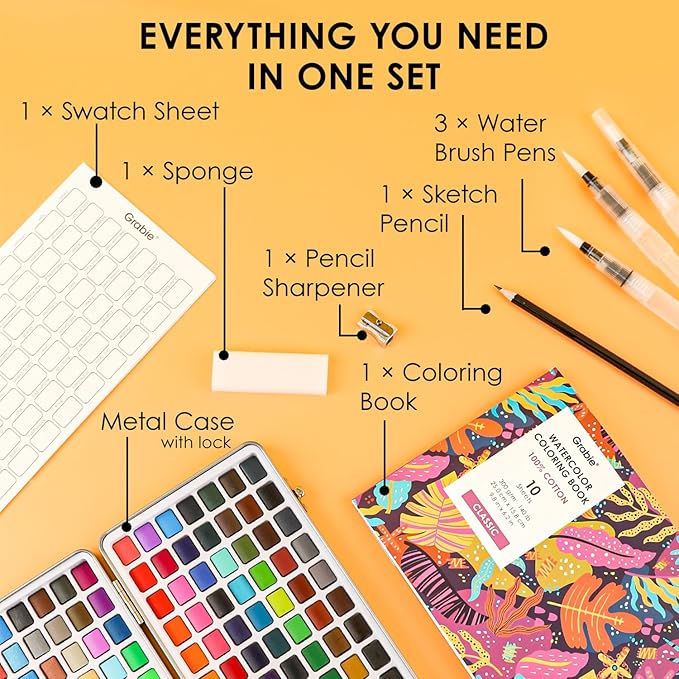 grabie watercolor paint set, watercolor paints, 168 colors, painting set with coloring book, water brushes and drawing pencil, art supplies, perfect starter kit for watercolor painting