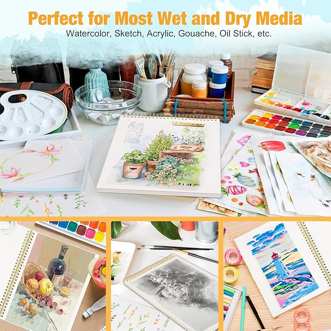 9"x12" Watercolor Paper Pad, Spiral Bound with Tear Line, 24 Sheets (140lb/300g): Art and School Supplies- Water Color Paper for Adults Kids-Watercolors, Watercolor Sketches, and Art Journals