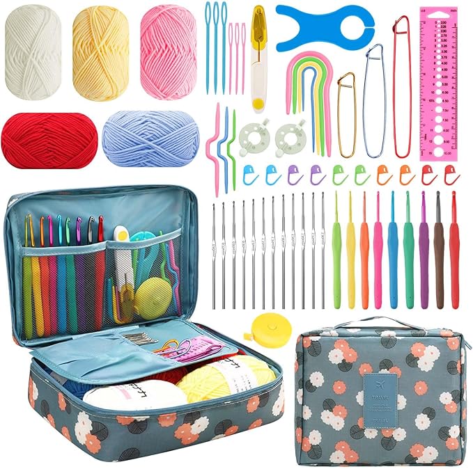 58pcs Crochet Kit Beginners, Crochet Hook Set with Yarn, Portable Crocheting Kit for Starter, Ergonomic Crochet Needles Tools DIY Knitting Accessories for Experienced Crochet Lovers, Blue Flower
