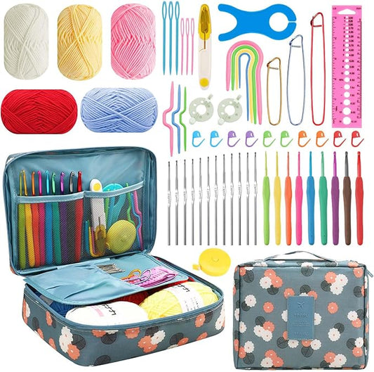 58pcs Crochet Kit Beginners, Crochet Hook Set with Yarn, Portable Crocheting Kit for Starter, Ergonomic Crochet Needles Tools DIY Knitting Accessories for Experienced Crochet Lovers, Blue Flower