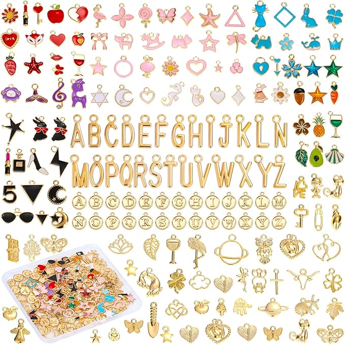 Modacraft 3 Types 172 Pcs Charms for Jewelry Making with Jump Rings, Bulk Enamel KC Letter Charm for DIY Necklace Bracelet Earring Craft Supplies