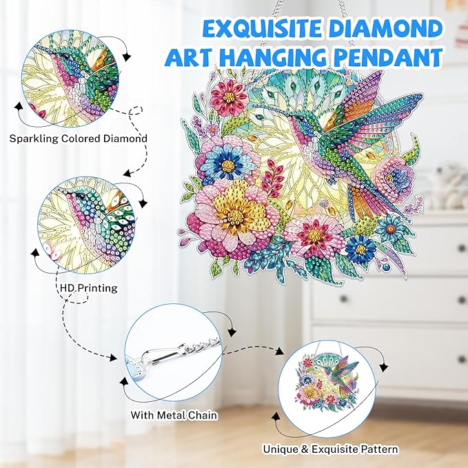 Bowetile Bird Diamond Art Hanging Kits for Adults, 5D Special Shape Diamond Painting Flowers Pendant Kits, Animal Gem Art Suncatchers Painting Ornament for Home Garden Wall Decor