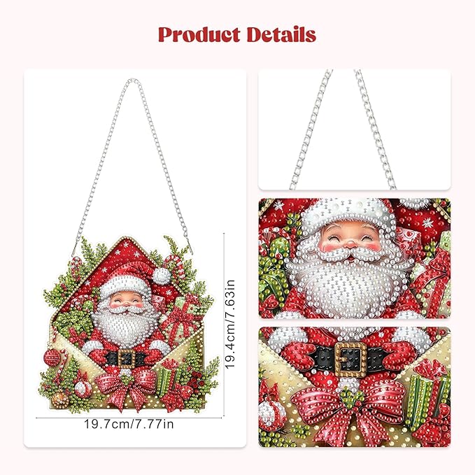 RICUVED Hanging Diamond Art Kit for Adults, Christmas Special Shaped Crystal Gem Craft Diamond Painting Pendant Kit for Beginners, Santa Claus DIY Hanging Acrylic Art Ornament for Home Garden Decor