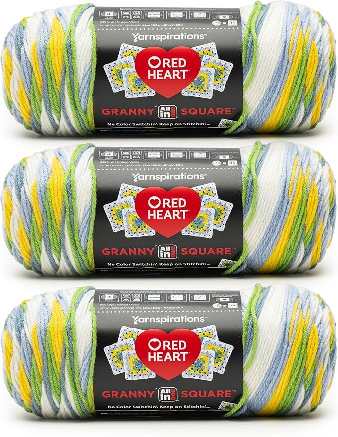 Red Heart All in ONE Granny Square Spring Green Yarn - 3 Pack of 8.8oz/250g - 100% Acrylic - #4 Worsted (Medium) - 417 Yards - Knitting/Crochet