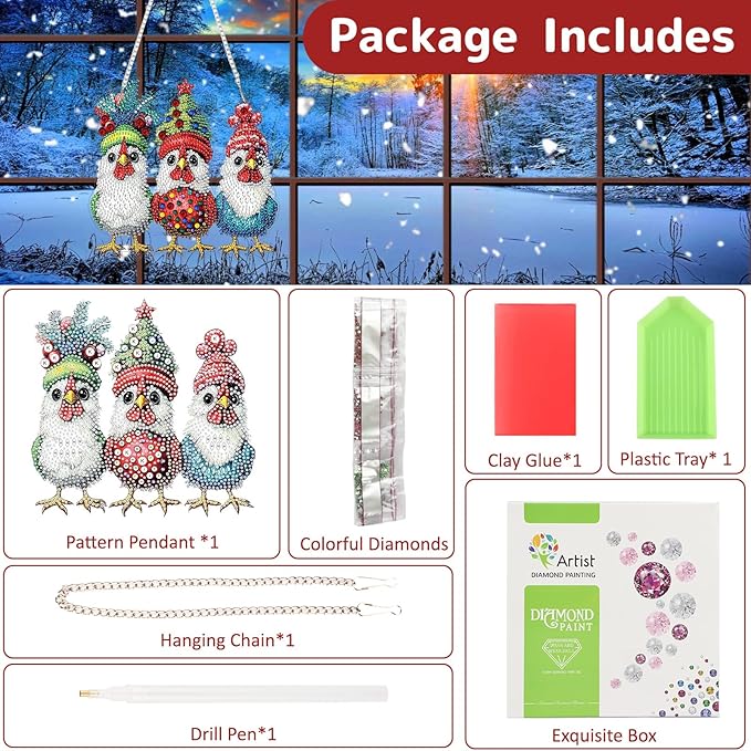 Genius maker Christmas Diamond Art Hanging Kits for Adults, Chicken Diamond Painting Pendant Kits, DIY Acrylic 5D Special Shaped Crystal Diamonds Gem Art Painting Ornament for Home Wall Decor Gift