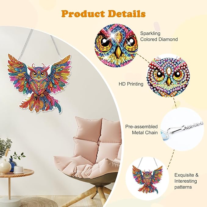 HEIBAGO Owl Hanging Diamond Art Kits for Adults, Special Shaped Crystal Diamond Painting Ornament Kit, DIY Double-Sided Pattern Window Pendant Gem Art Kit for Home Wall Decor 8.3x8.3inch