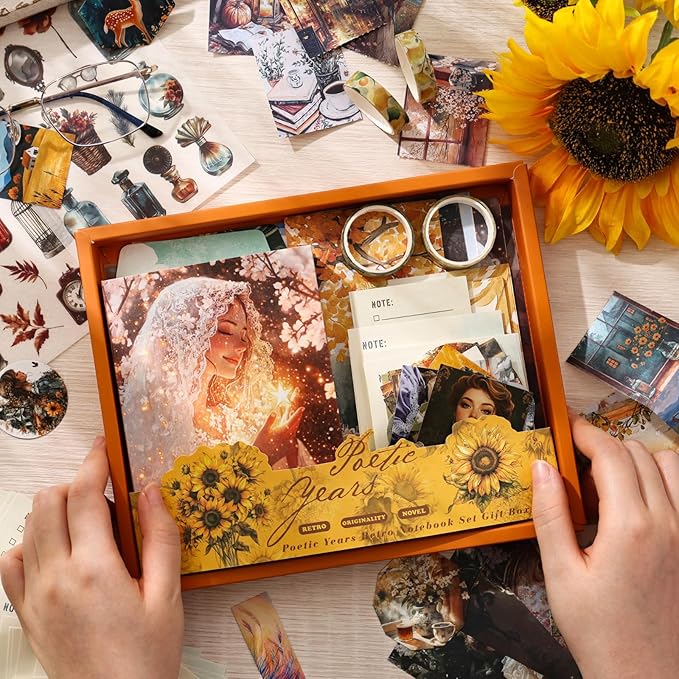 Cullevo Retro Scrapbooking Kit – Old Time Dream Edition, 124 PCS Vintage Scrapbook Supplies with Washi Tape, Floral Stickers, A6 Grid Notebook for DIY Bullet Journaling & Planner Crafts Gift