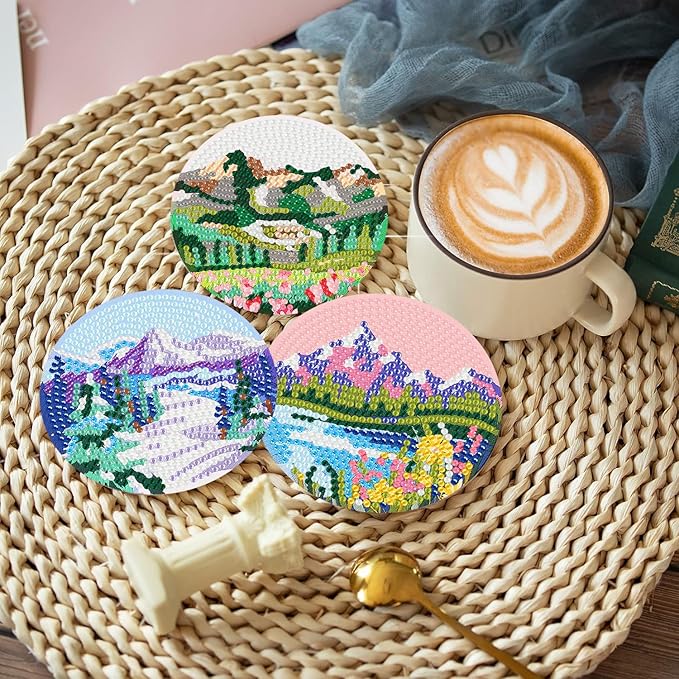 igoodom 8 Pcs Diamond Art Coasters Kit with Holder, DIY Landscape Diamond Painting Coasters for Beginners Adults, Non Slip Diamond Art Kits Craft Supplies 4x4inch