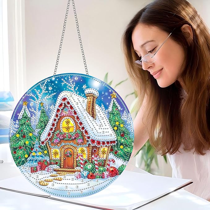 Pavemlo Hanging Diamond Art Kits for Adults Christmas Snow – 8x8 Inch Double-Sided Acrylic Board DIY Crystal Diamond Suncatcher Pendant, Sparkling Home Wall or Window Decoration Handmade Gift