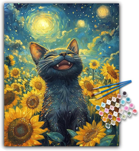 Offito Paint by Numbers Kit for Adults - Sunflowers Black Cat Acrylic Adult Paint by Number Kits on Canvas for Beginner, Starry Night DIY Oil Painting by Numbers for Adults Kit for Decor Gift 16"x20"