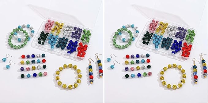 100PCS Rhinestone Beads Jewelry Making kit，10mm Crystal Color Round Sparkle Clay Beads Disco Ball Bulk Baseball Necklace Bracelets Earrings Keychain Bag Charm DIY Crafts (Pack of 2)