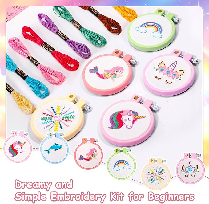 Pllieay 6PCS Embroidery Kit for Kids, Needlepoint Kits for Beginners with Pre-Printed Pattern, 6Pcs Hoop, Threads, Keychains and Instructions, Kids Cross Stitch Kits Supplies for Crafting