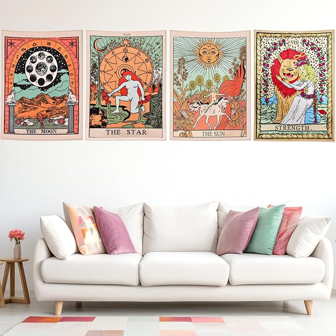 zeedix 4 pack tarot card tapestry wall hanging cute boho hippie art spiritual tapestries with the sun and moon star strength astrology small tapestry for bedroom living room wall decor aesthetic (orange 19.7"x 15.7")