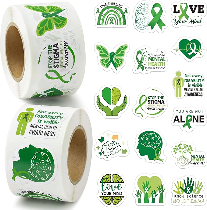 beyumi mental health awareness stickers - 1000pcs mental health stickers in 2 rolls novelty green ribbon waterproof vinyl decals for laptop bottle scrapbooking envelopes gifts classroom for kids teens