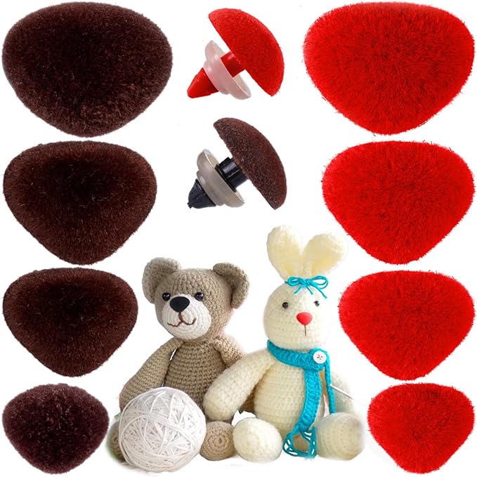 CustomyLife 32pcs Safety Noses for Amigurumi, 4 Sizes Plastic Craft Doll Noses with Washers, Flocking Stuffed Noses for Crochet Puppet Plush Toy Accessories- Red & Brown