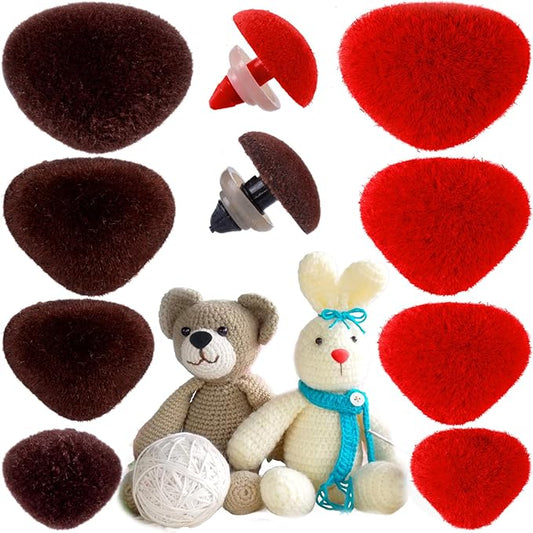 CustomyLife 32pcs Safety Noses for Amigurumi, 4 Sizes Plastic Craft Doll Noses with Washers, Flocking Stuffed Noses for Crochet Puppet Plush Toy Accessories- Red & Brown