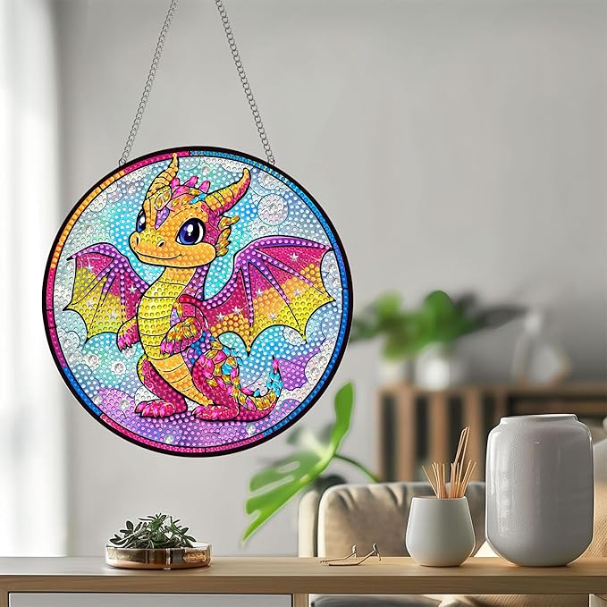 Bimkole Dinosaur Diamond Art Hanging Kit for Adult, DIY 5D Diamond Art Animal Window Pendant, Acrylic Crystal Art Hanging Ornament Home Wall Garden Front Door Sign Outdoor Decor 7.8x7.8 Inch