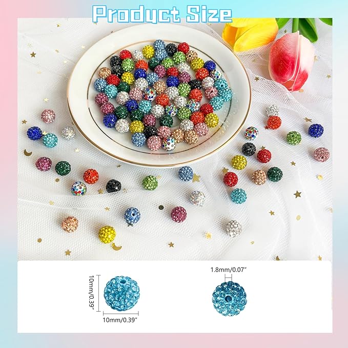 225pcs 15 Colors Rhinestones Beads 10mm Pave Disco Ball Beads Polymer Clay Rhinestone Round Crystal Diamond Bead for Jewelry Making European Style Bracelets Christmas Decor