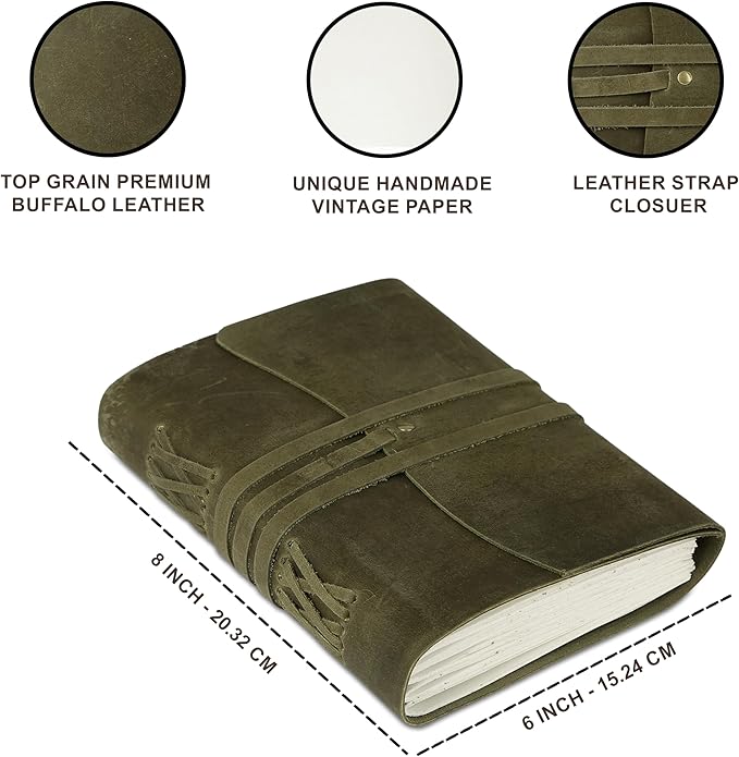 KomalC Handmade Leather Journal 8x6 Inch | Green Vintage Notebook with Unlined Paper | Cotton Recycled Paper | Antique Travel Diary, Sketchbook, Writing Journal for Men & Women