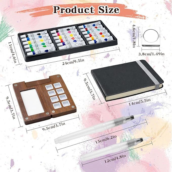 Mini Watercolor Travel Paint Set - 3.7in Mini Watercolor Palette Kit, Pocket Water Color Palette Kit with 18 Colours Paint, Sketchbook, Pens, Wooden Paint Box for Painters Artists Students