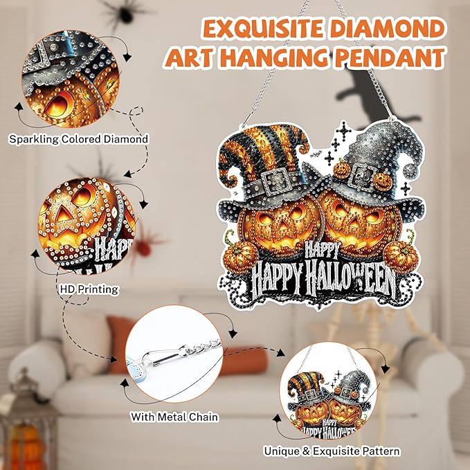 Bowetile Halloween Diamond Art Hanging Kits for Adults, Pumpkin Diamond Art Suncatchers, 5D Special Shape Diamond Painting Pendant Window Ornament Halloween Gifts for Home Garden Door Wall Decor