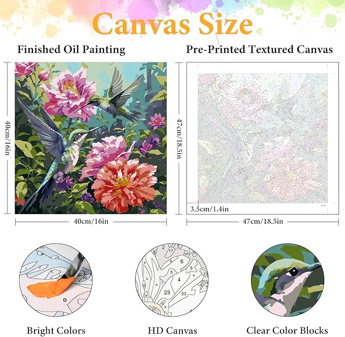 Okarina Paint by Numbers Kit for Adults Beginner Hummingbird, Flower Adult Paint by Number Kits on Canvas, Bird DIY Acrylic Oil Painting by Numbers for Adults, Perfect for Home Wall Decor 16X16 Inch