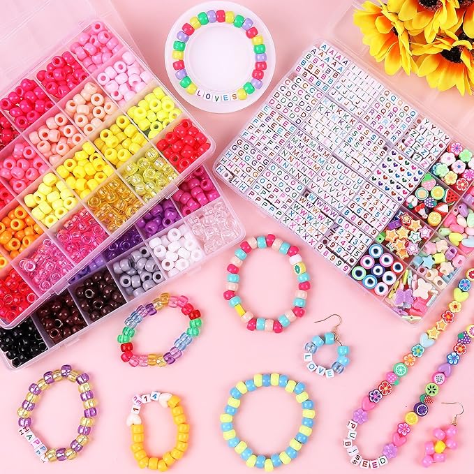 Pubiseed 2303pcs 48 Colors Pony Beads for Bracelet Making Kit, 1500pcs Kandi Bead and 700pcs A-Z Square Letter for Friendship Bracelet Kit, 200 pcs Plastic Bead for Adults Jewelry Making Crafts