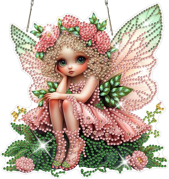 NAIMOER Diamond Art Hanging Kits for Adults Flower Fairy 5D Special Shaped Rhinestone, DIY Acrylic Diamond Art Painting Window Pendants Home Garden Wall Hanging Ornament Kits, Double Sided